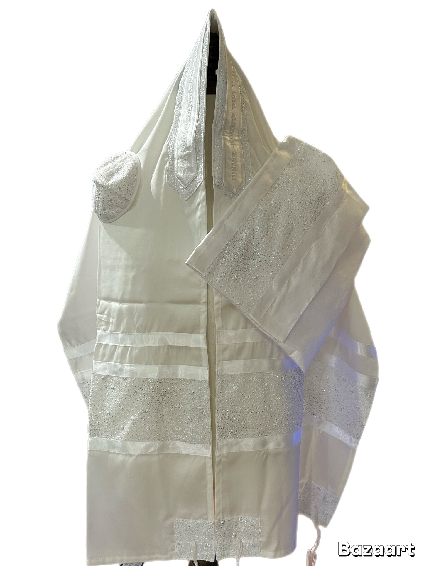 Women's Tallit: Ade-134 White Flower w sparkle silver