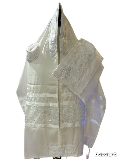 Women's Tallit: Ade-134 White Flower w sparkle silver
