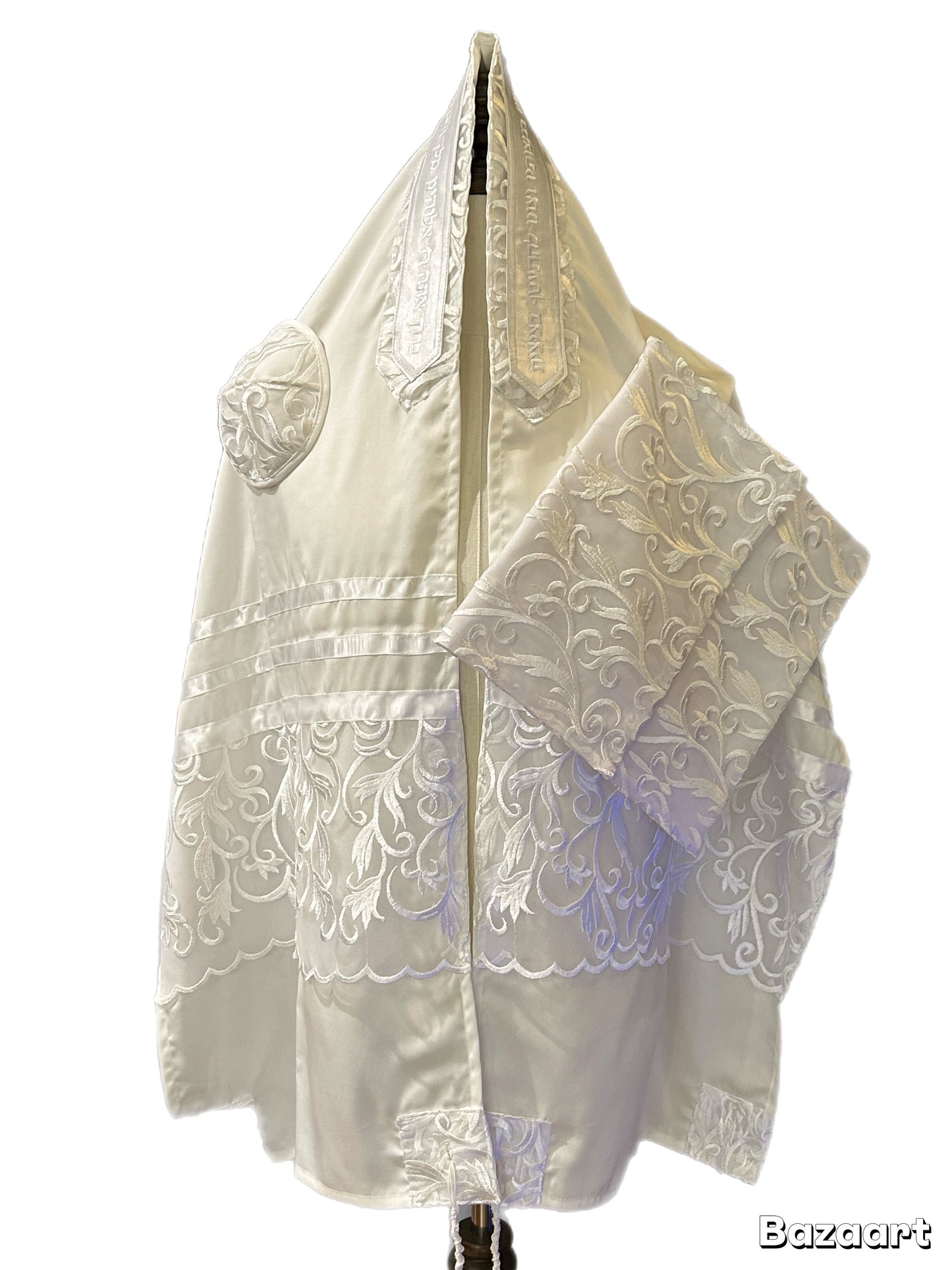 Women's Tallit: Ade-128 White floral chiffon Tallit