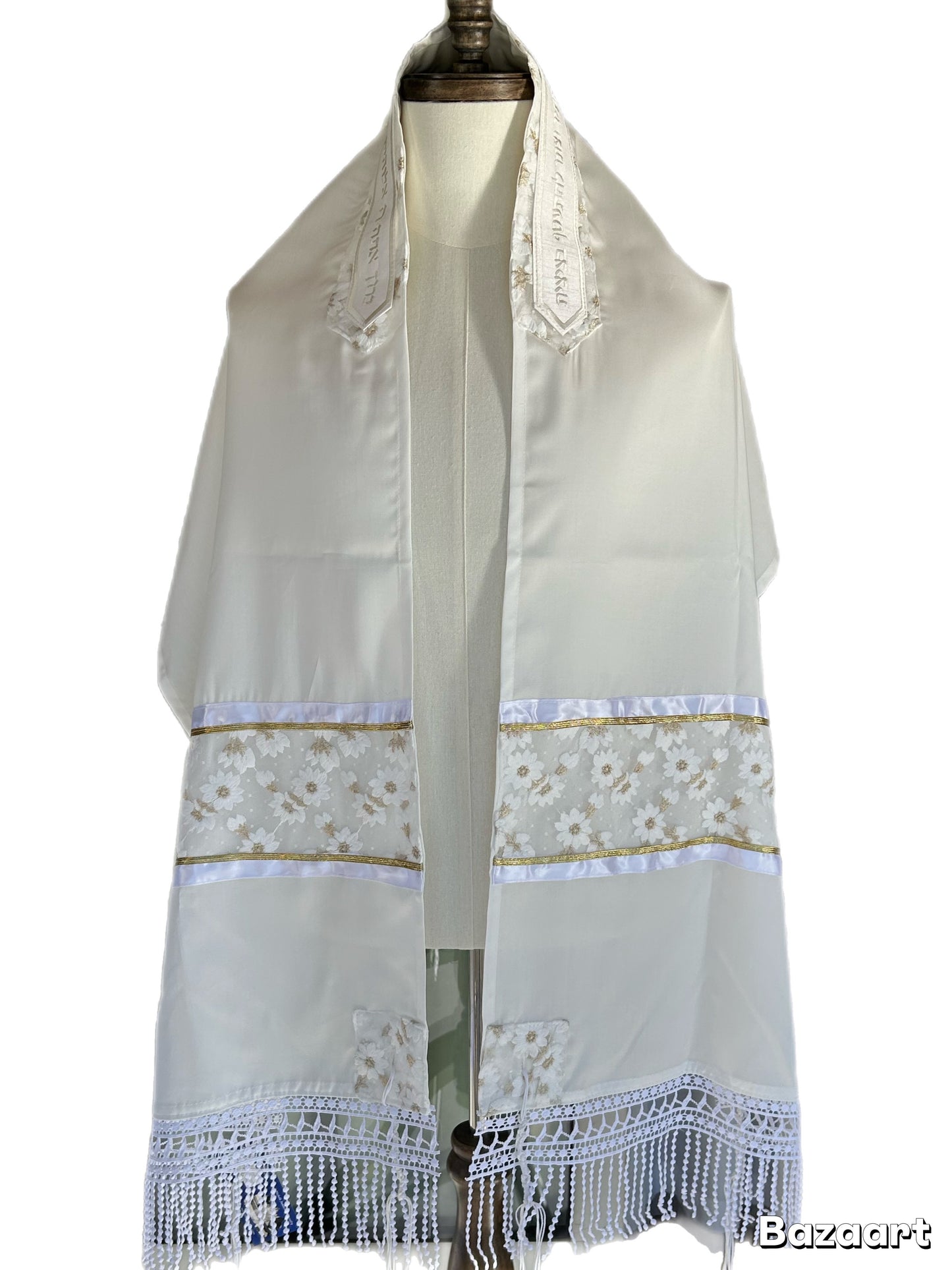 Women's Tallit: Ade-148 Golden Flowers w White Stripes