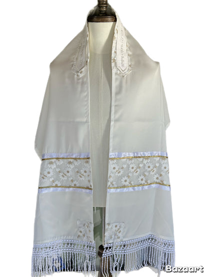 Women's Tallit: Ade-148 Golden Flowers w White Stripes