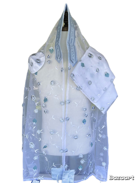 Women's Tallit: ADE-142 Soft Baby Blue Organza