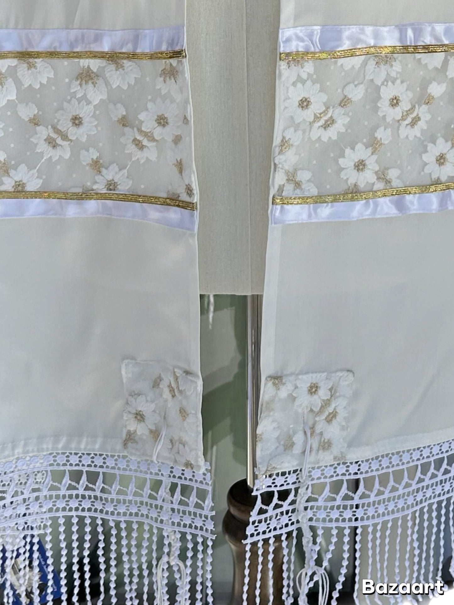 Women's Tallit: Ade-148 Golden Flowers w White Stripes