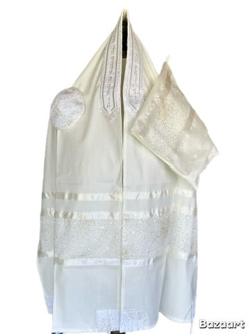 Women's Tallit: Ade-173 White Flower w Gold sparkle On Brushed Cotton