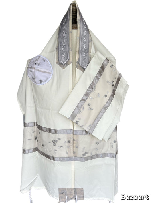 Women's Tallit: Ade-161  White With Silver  Leafs  Embroider