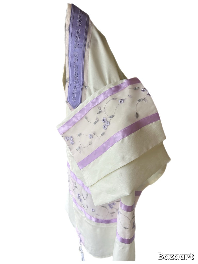 Women's Tallit: Ade-158  White With Lavander  Leafs  Embroider