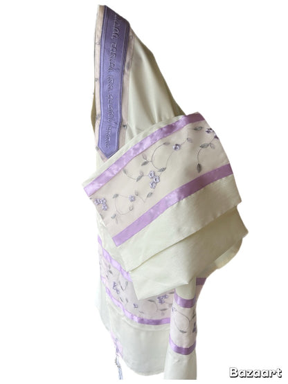 Women's Tallit: Ade-158  White With Lavander  Leafs  Embroider