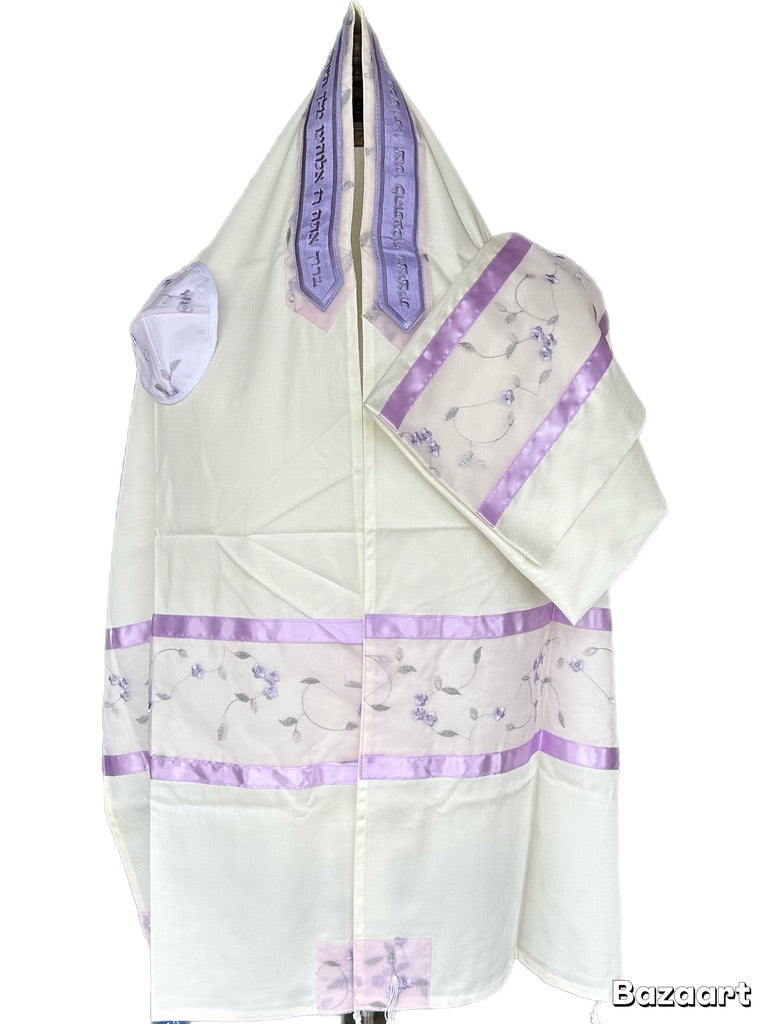 Women's Tallit: Ade-158  White With Lavander  Leafs  Embroider
