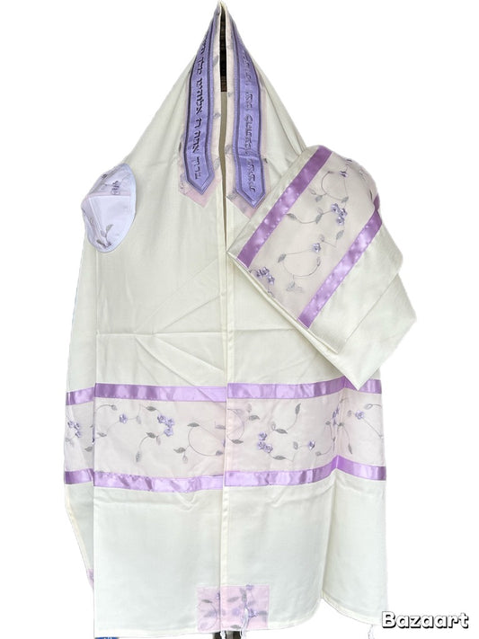 Women's Tallit: Ade-158  White With Lavander  Leafs  Embroider