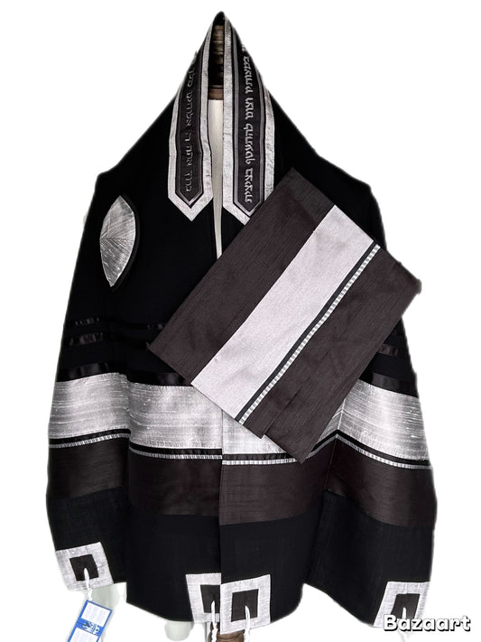 Men's Tallit: ADEB-990 Black Wool Black & Silver