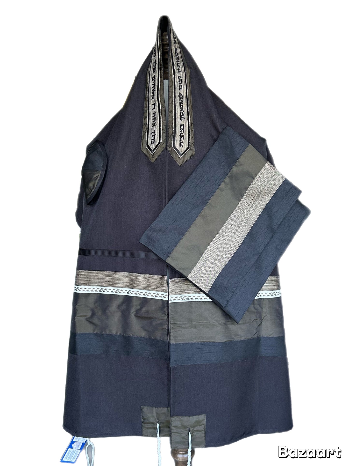 Men's Tallit: ADEB-552  DARK Olive Green On Black Wool